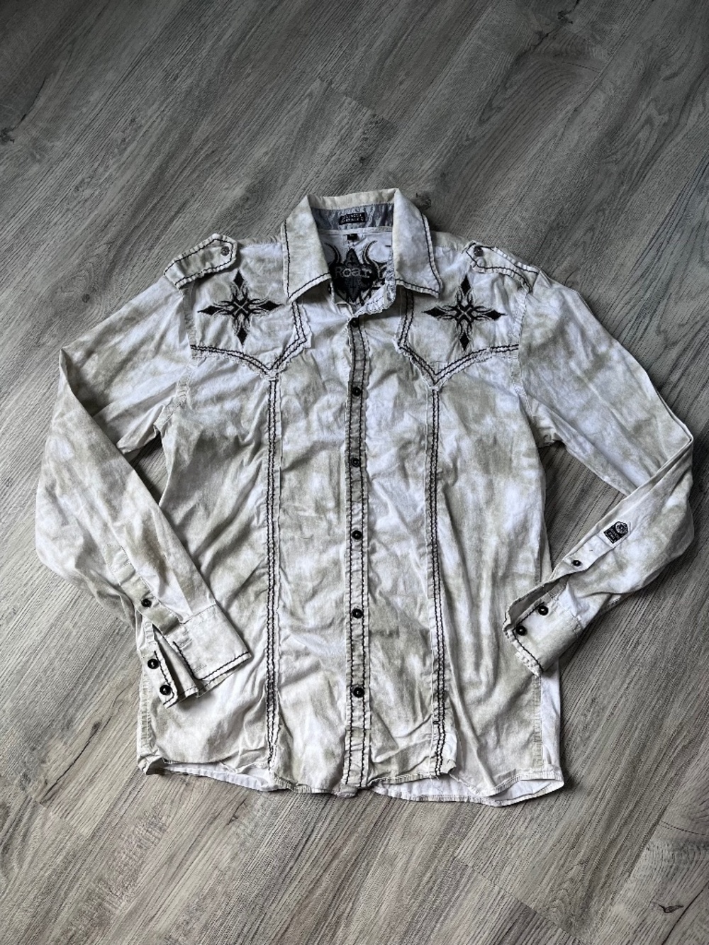 Roar Buckle Tribal Aztec Button Up Shirt Embroidered Grunge Y2K Mens Large L